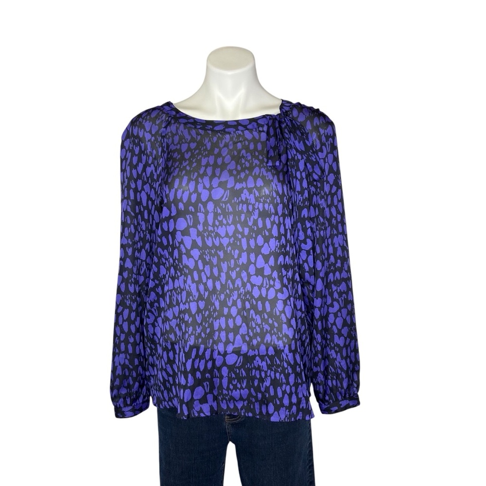 LOFT Animal Print Long Sleeve Blouse Tie Neck Purple Black Womens Medium